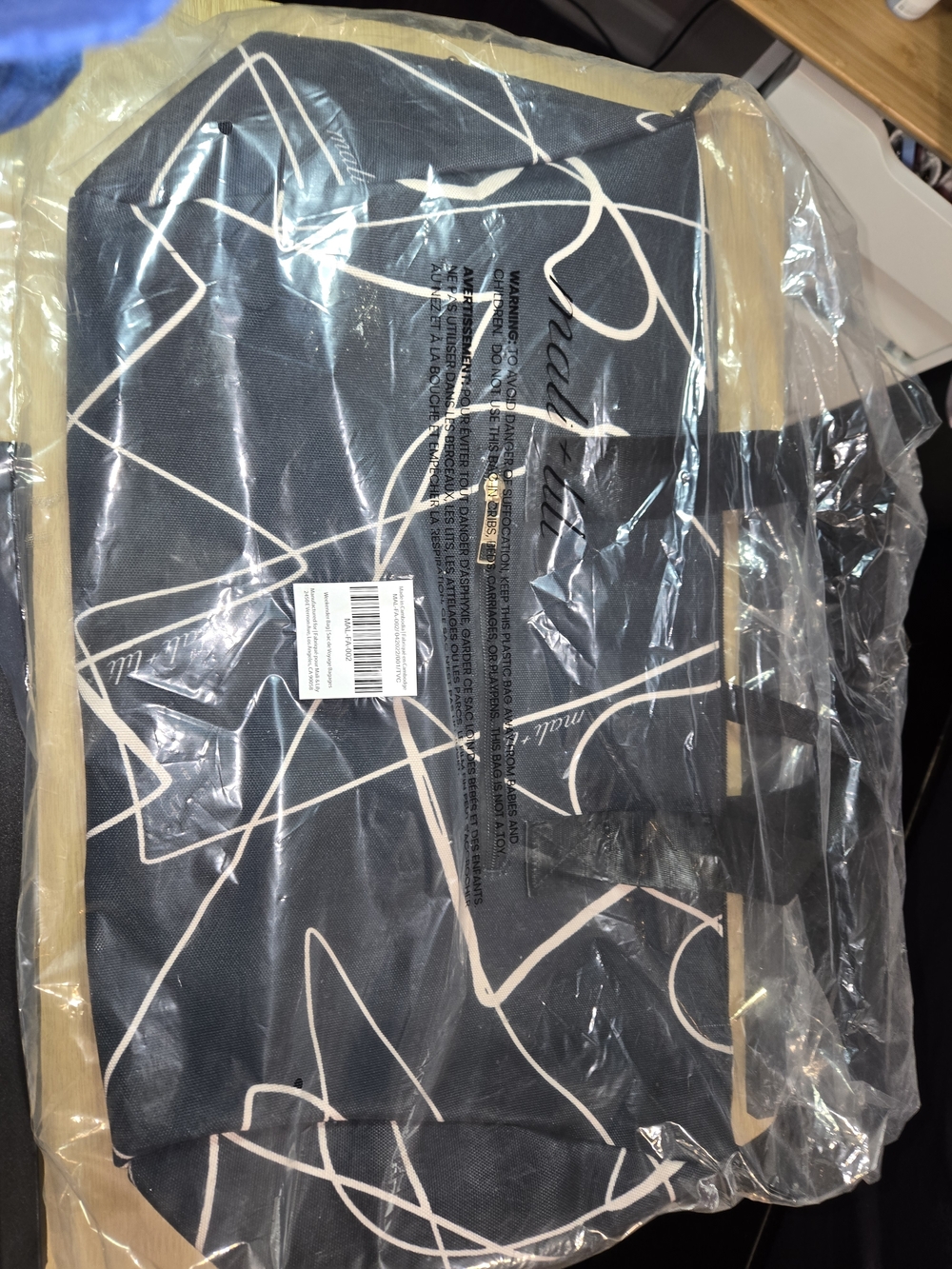 Black Weekender Tote Bag with Cream Abstract Lines